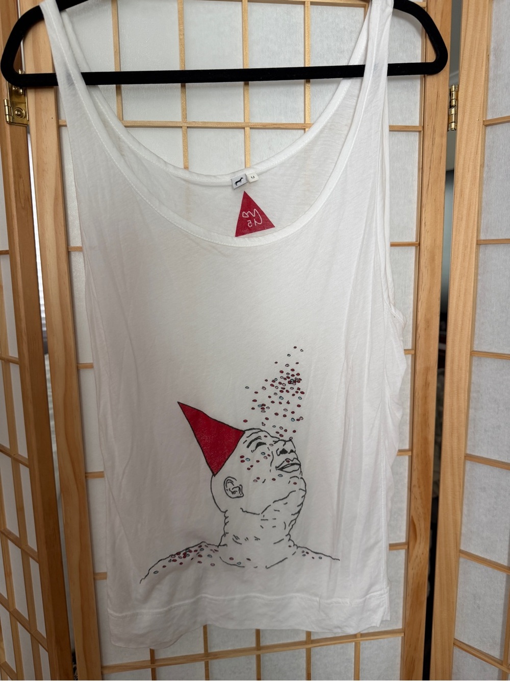 White Graphic Tank with Red Cone Hat Illustration